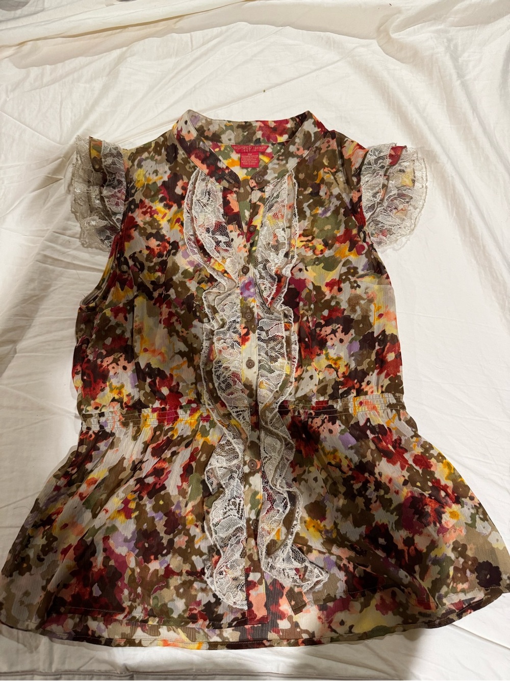 Sunny Leigh Multicolor Floral Ruffle Lace Sleeveless Blouse
